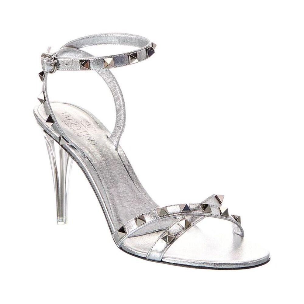 Valentino Rockstud 90 Leather Sandal, Silver